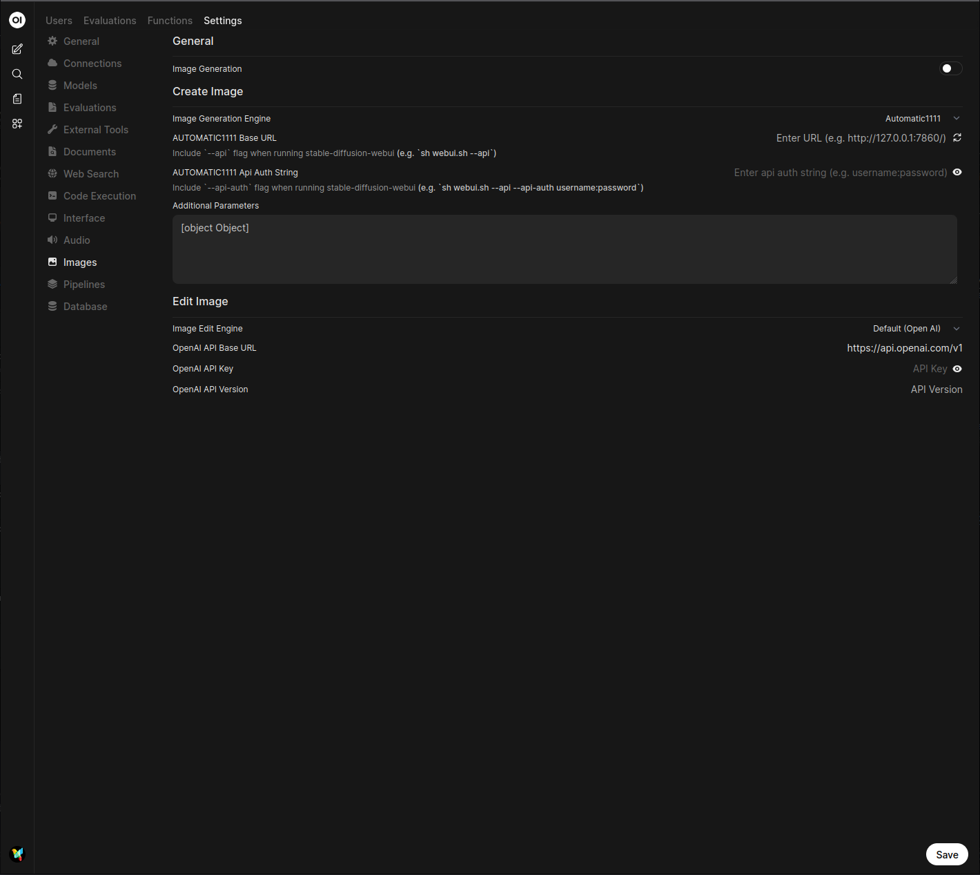 Open WebUI 图像设置页面截图，已选中 Default (Automatic1111)，并高亮显示 API URL 字段。