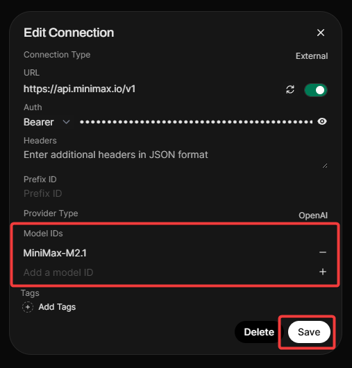 MiniMax 连接设置 2