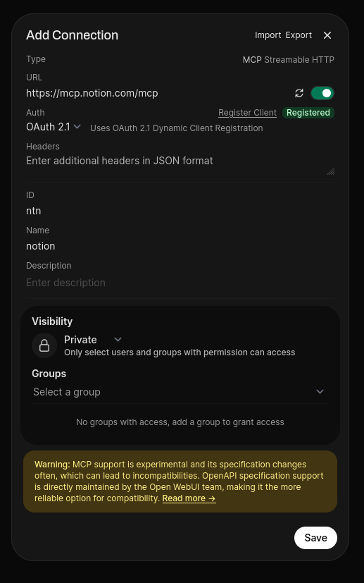 已导入 Notion MCP 配置的外部工具弹窗。