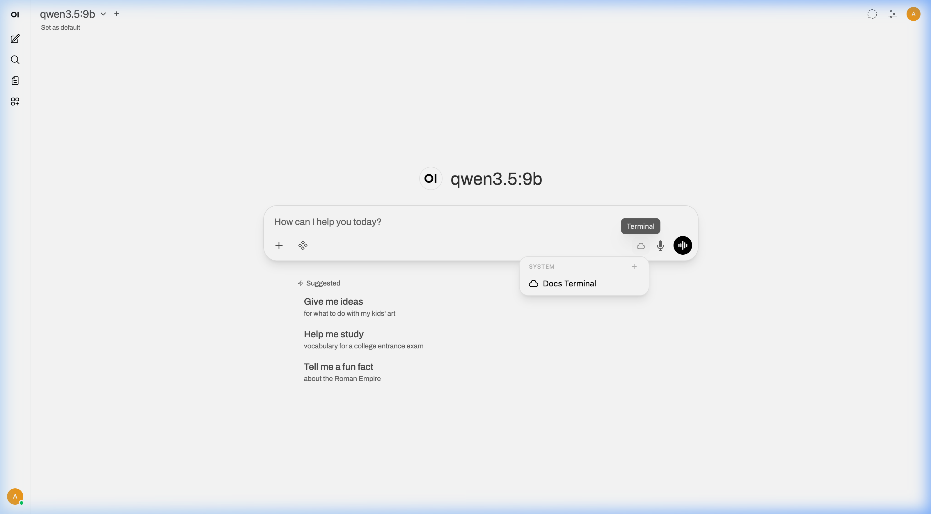 终端下拉菜单，显示 System 下的 Docs Terminal