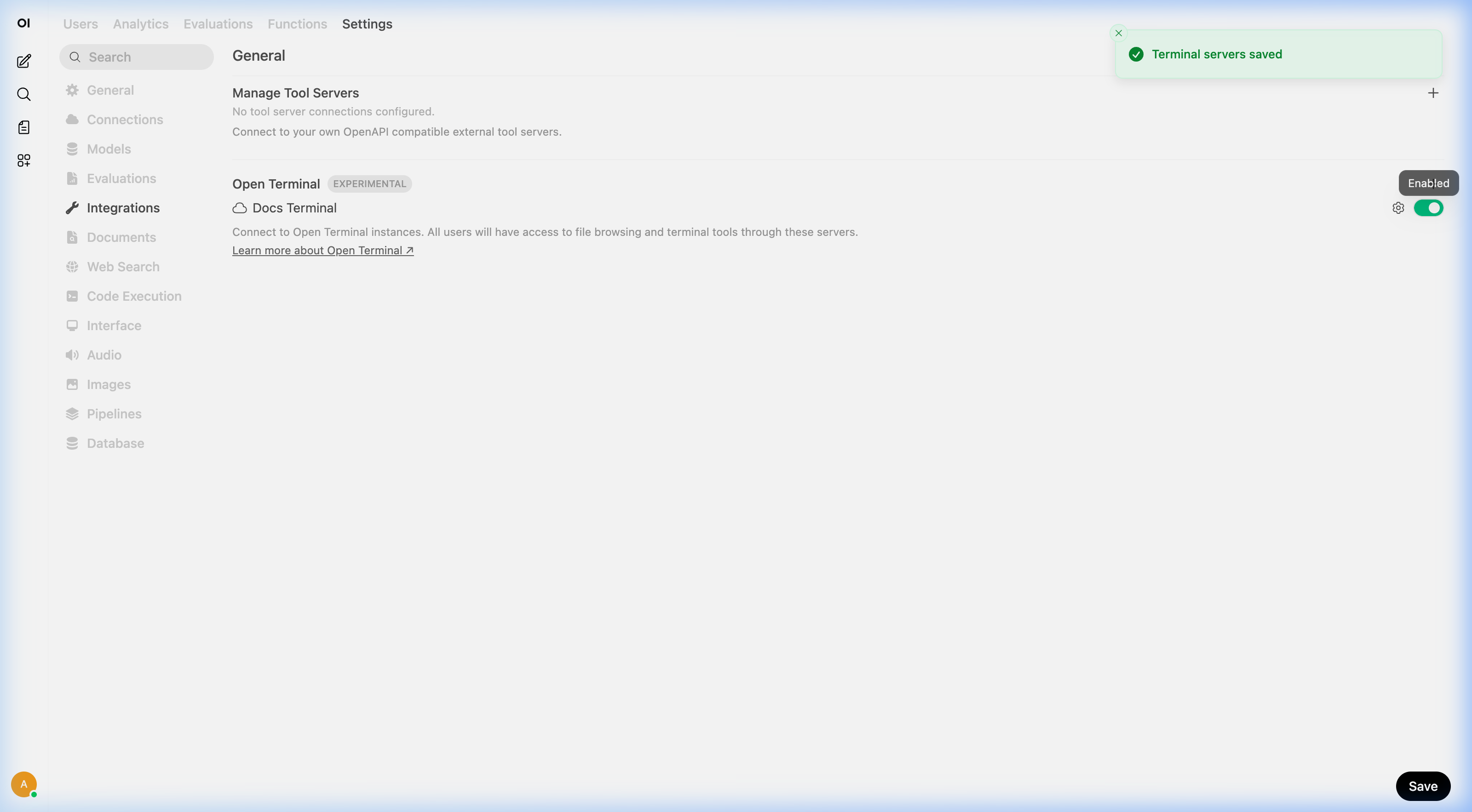 Integrations 下的 Open Terminal 区域