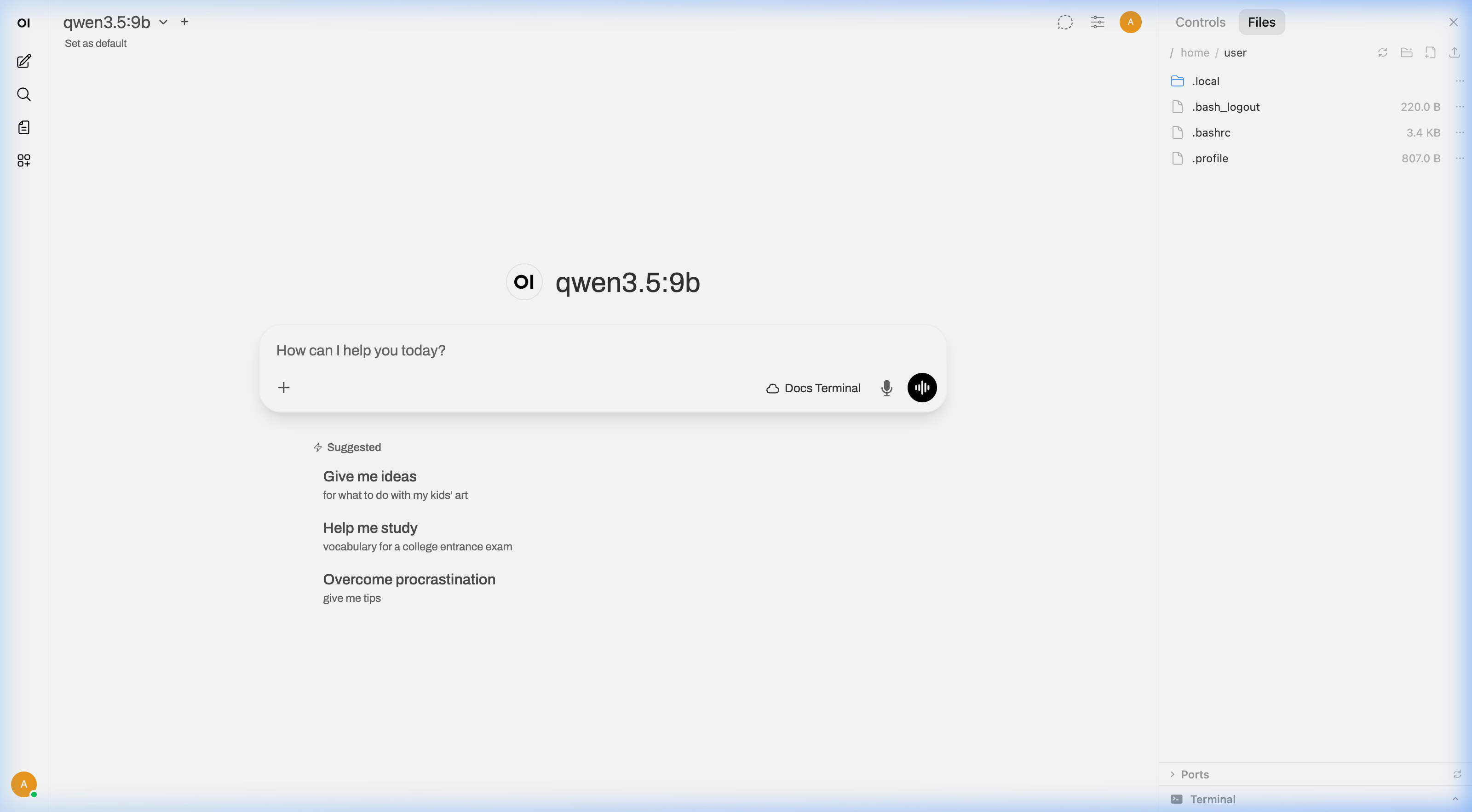 带有 Open Terminal、文件浏览器侧边栏和聊天的 Open WebUI