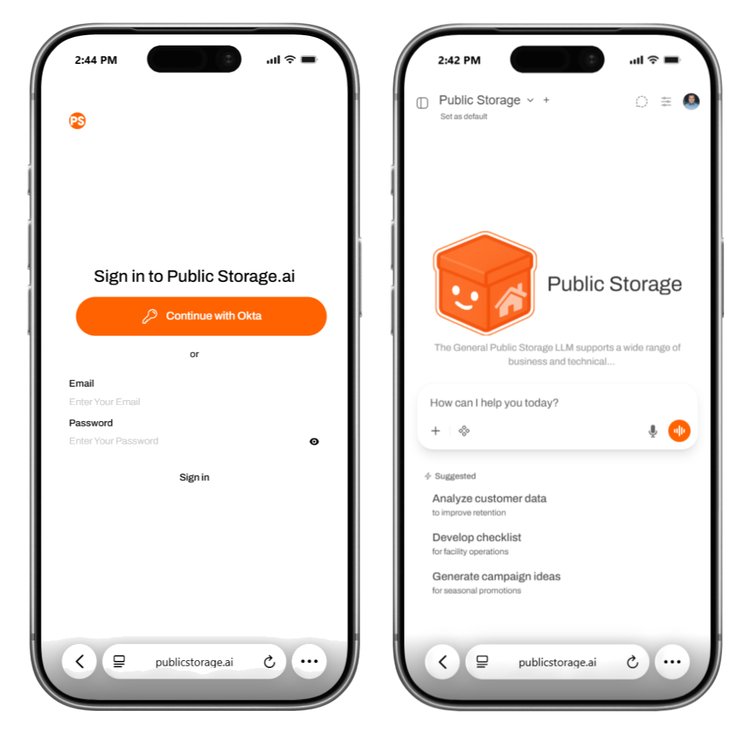 显示由 Open WebUI 提供支持的 Public Storage 内部 AI 平台的电话屏幕截图。