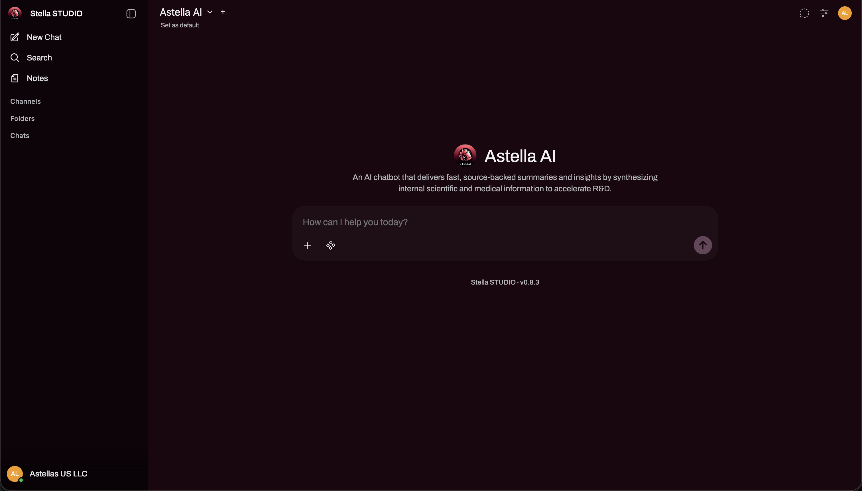 显示 Astellas 内部 AI 平台的 Open WebUI 屏幕截图。