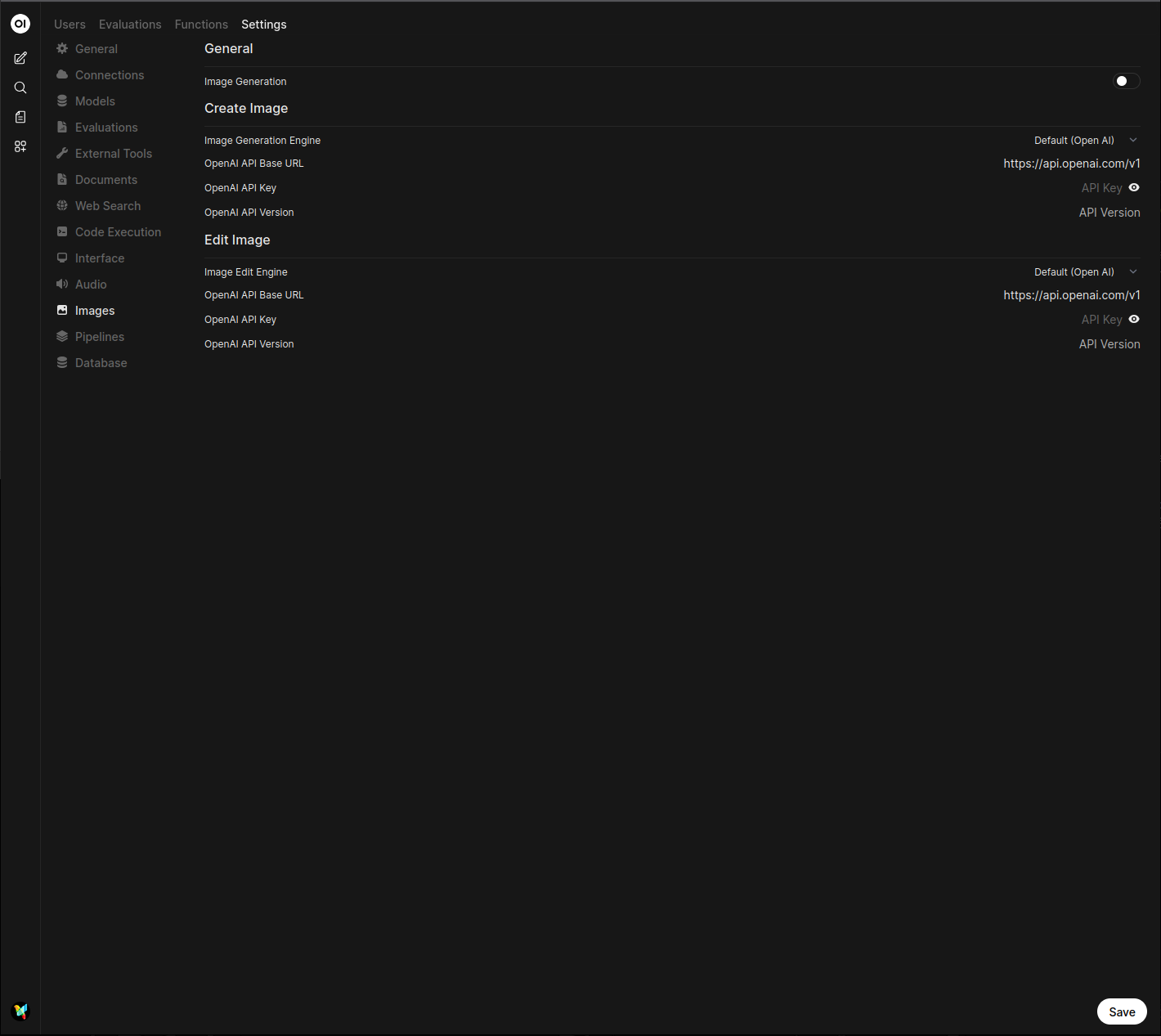 Open WebUI 图像设置页面截图，已选中 Open AI，并高亮显示 API key、模型和图像尺寸字段。